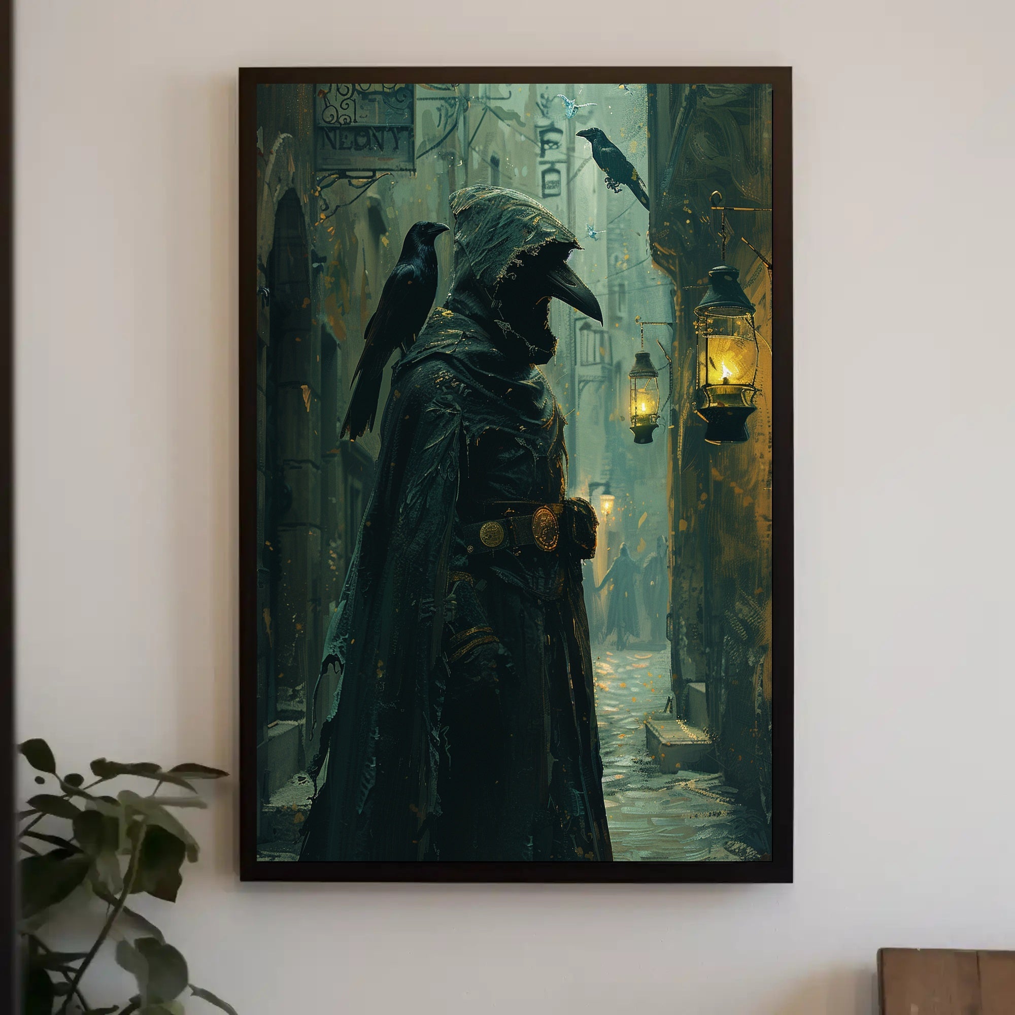Mysterious Plague Doctor in Gothic Medieval Alley Poster PosterGoat