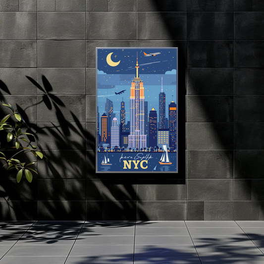 NYC Empire State Building Night Vintage Travel Poster
