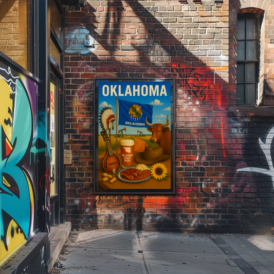 Oklahoma BBQ Cow Mandolin Flag Beer Travel Poster