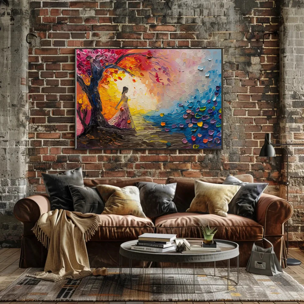 Dreamlike Woman Under Vibrant Abstract Tree Poster