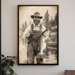 Vintage Fisherman Proudly Holds Large Bass Fishing Poster