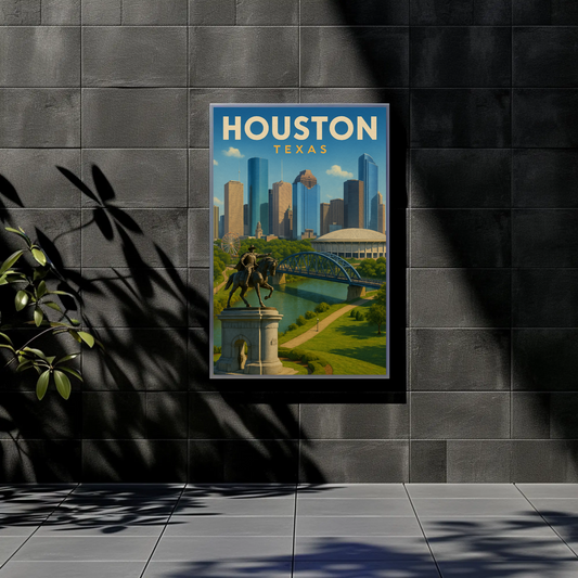 Houston Texas Skyline River Monument Vintage Travel Poster