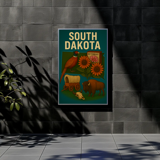 South Dakota Symbols Bison Wagon Pheasant Vintage Travel Poster