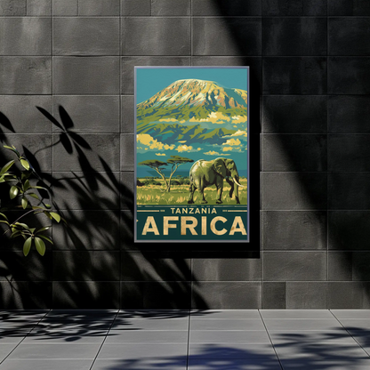 Tanzania Africa Elephant Kilimanjaro Safari Vintage Travel Poster