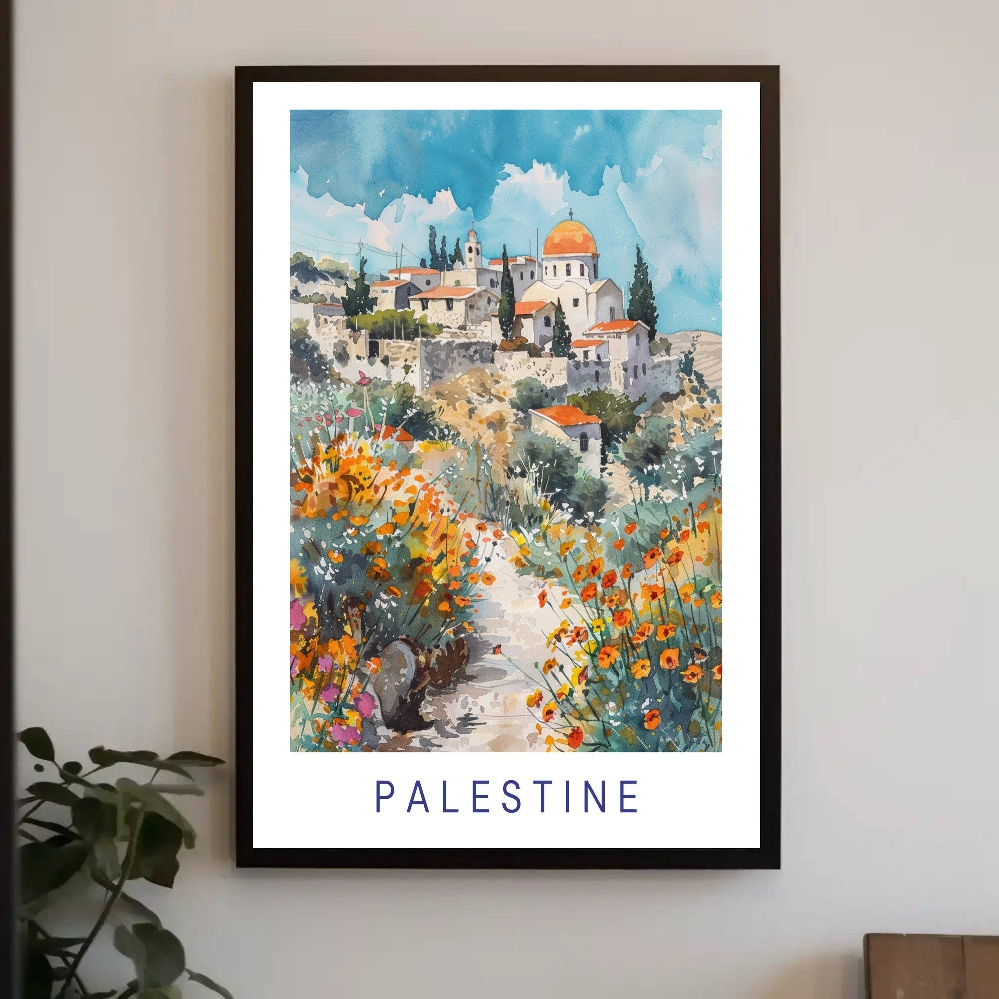 Vibrant Watercolor Palestine Village Scene Cultural Heritage Poster PosterGoat