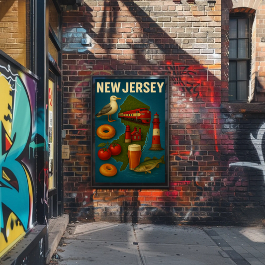 New Jersey Icons Lighthouses Bagels Beer Tomato Pride Travel Poster Travel Poster