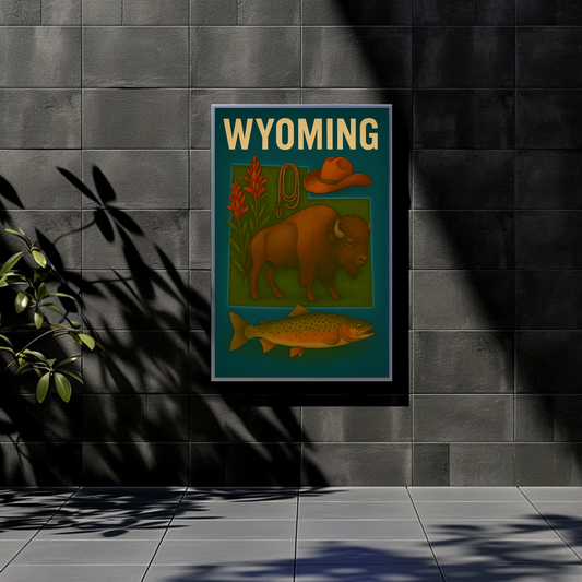 Wyoming Bison Fish Rope Hat Nature Vintage Travel Poster
