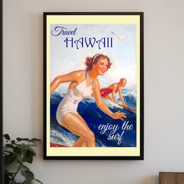 Hawaii Vintage Surfing Travel Artwork from the 1950s Travel Poster