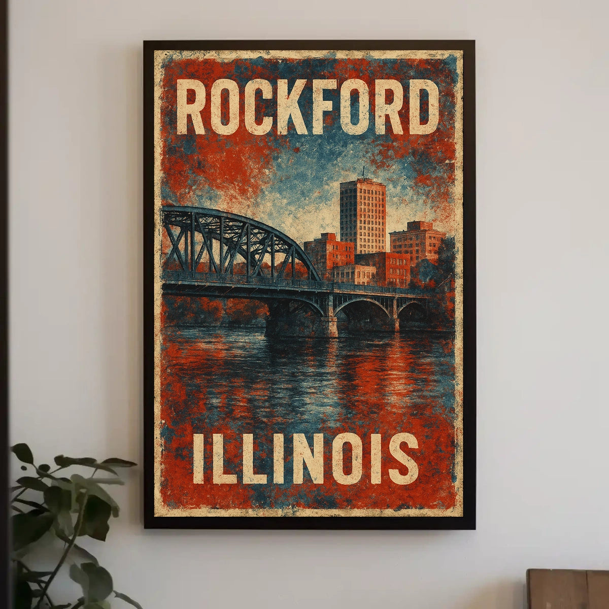 Rockford Illinois Retro Bridge Cityscape Collectors Poster