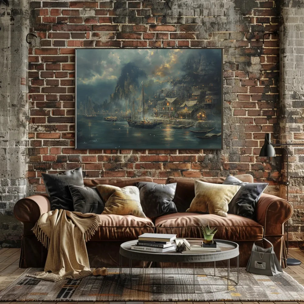 Harbor Scene: Nostalgic Maritime Fantasy Art Poster