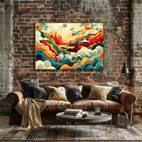 The poster features a vibrant and dynamic abstract illustration depicting an airplane soaring Travel Poster