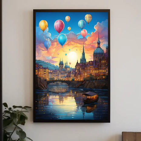Enchanting European Cityscape with Hot Air Balloons Travel Poster