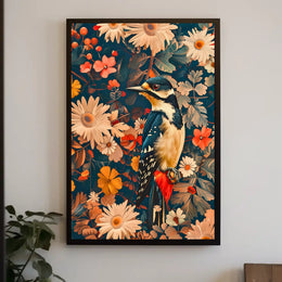 Vibrant Woodpecker Floral Paradise Poster