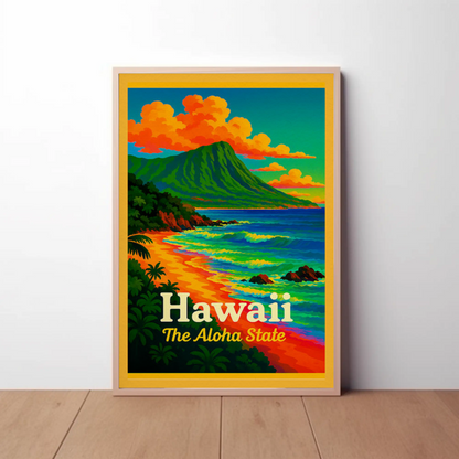 Hawaii Aloha State Colorful Coastline Travel Poster