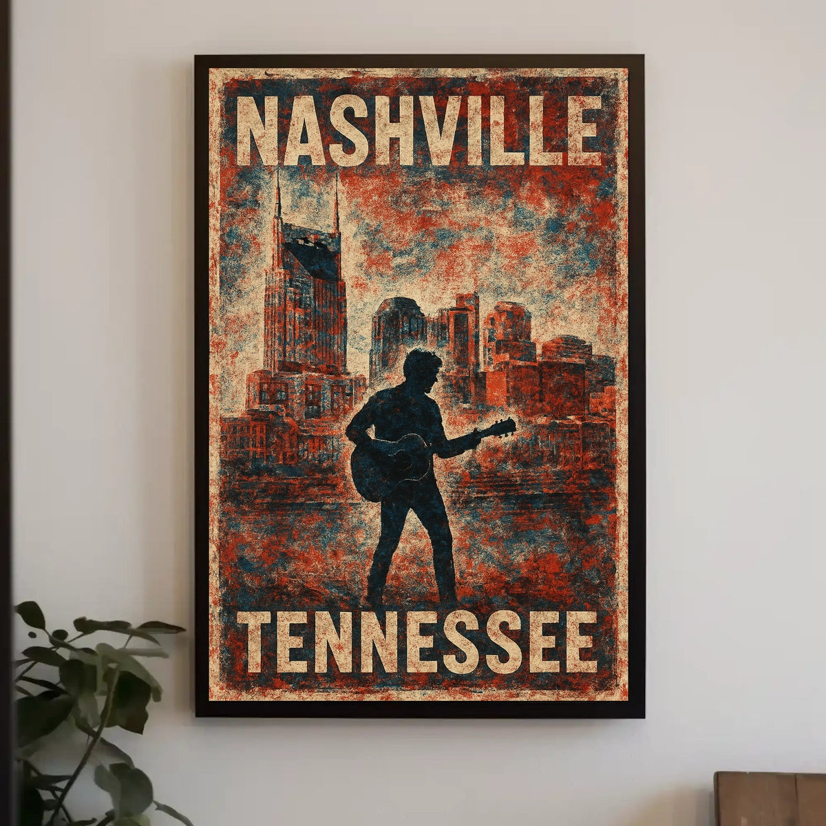 Nashville Guitar Silhouette Vintage Music Cityscape Rustic Texture Nostalgia Folk Art Poster