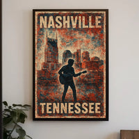 Nashville Guitar Silhouette Vintage Music Cityscape Rustic Texture Nostalgia Folk Art Poster