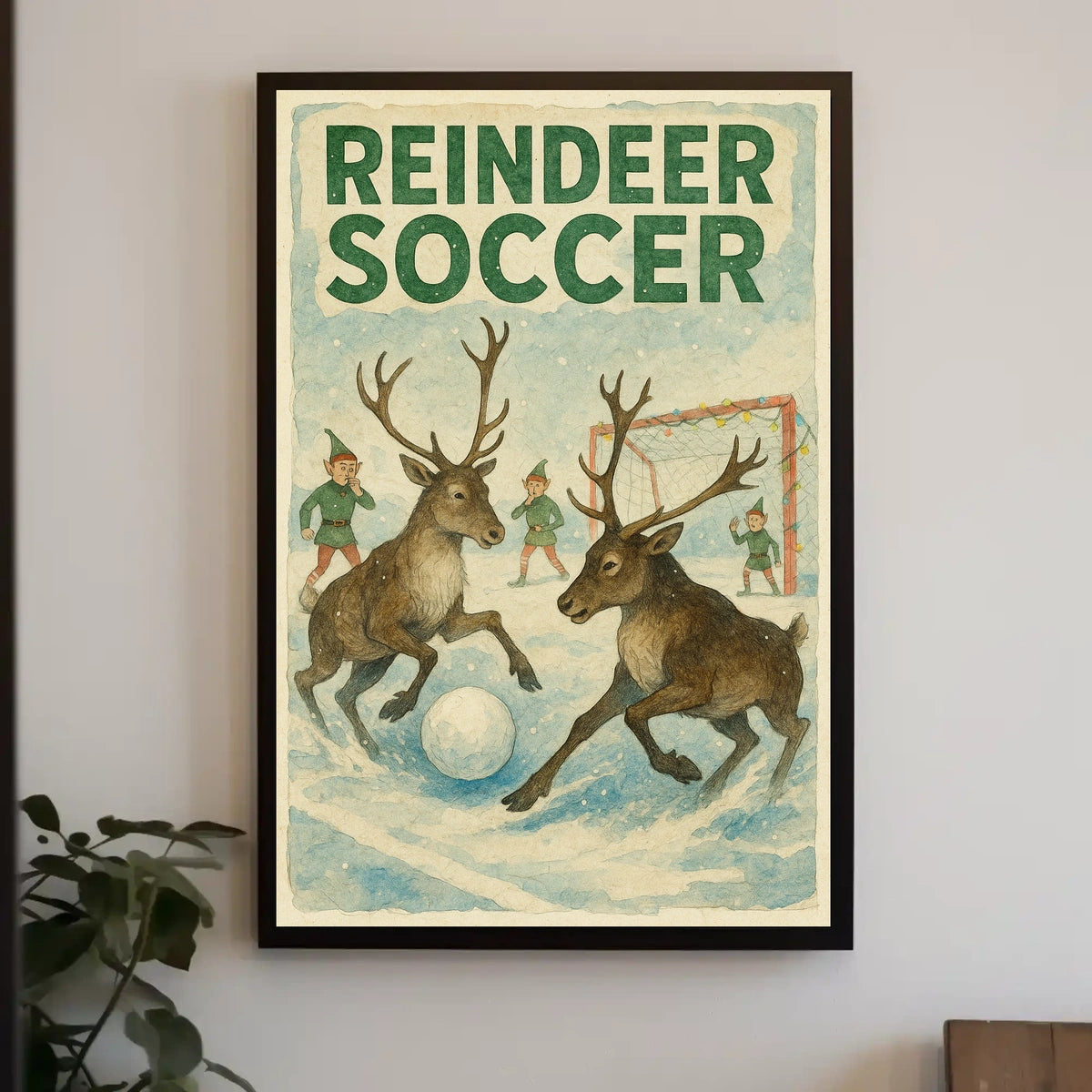 Reindeer Soccer Match: Vintage Holiday Poster Art