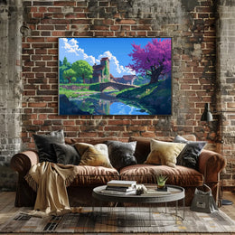 Serene Countryside Bridge and Cottage Art Poster