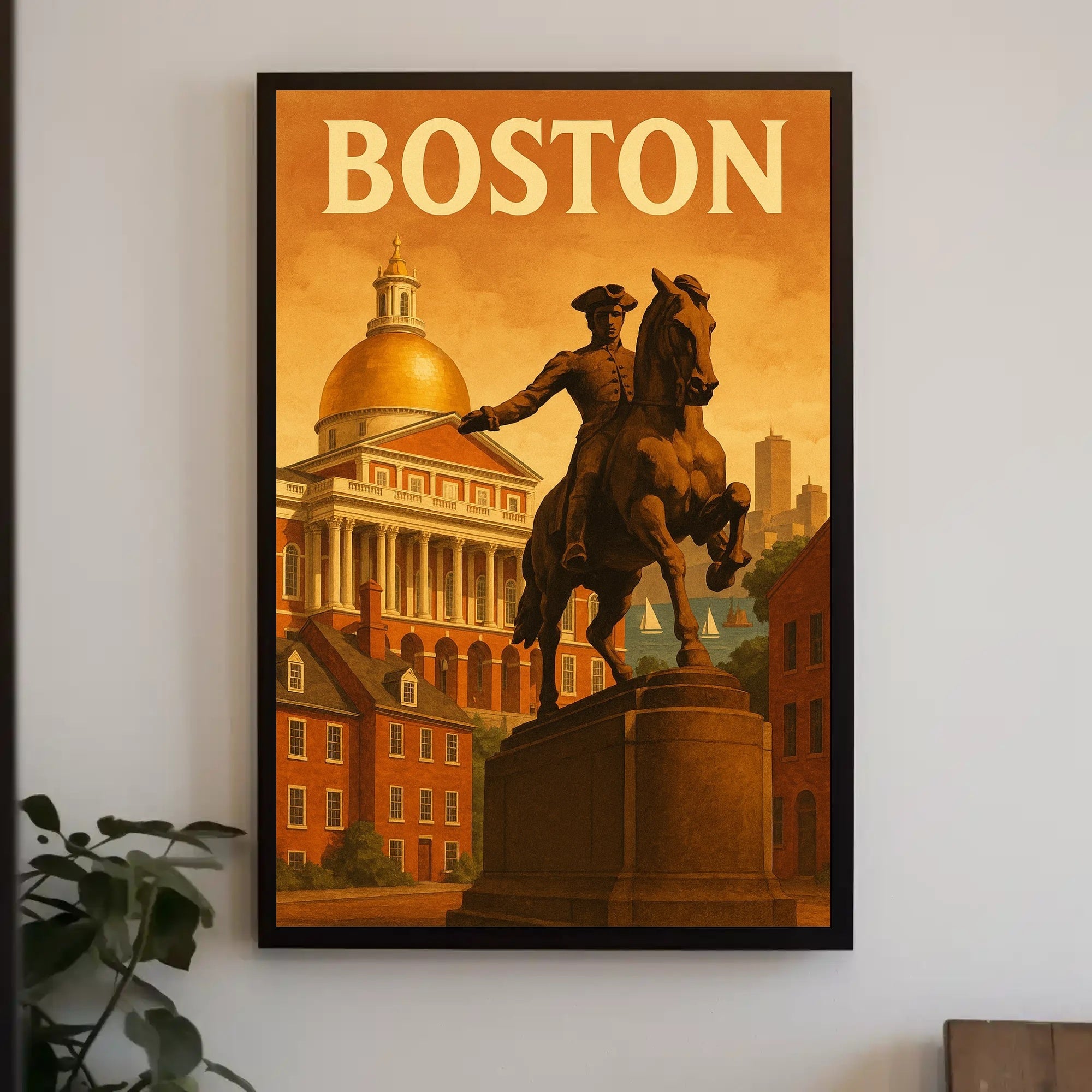 Boston's Grandeur: Equine Statue with State House Travel Poster