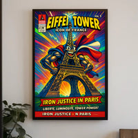 Eiffel Tower Superhero Comic Art Cultural Poster
