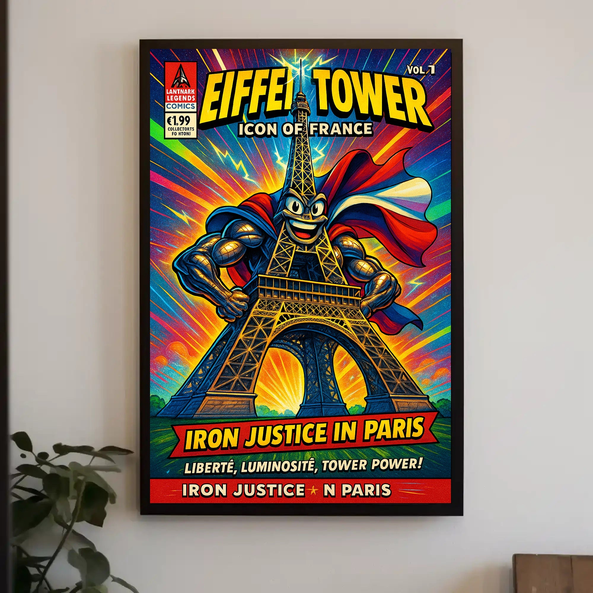 Eiffel Tower Superhero Comic Art Cultural Poster