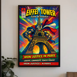 Eiffel Tower Superhero Comic Art Cultural Poster