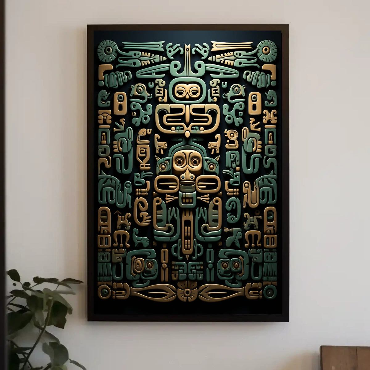 The poster features an intricate design reminiscent of Mesoamerican art, likely inspired by Travel Poster