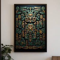 The poster features an intricate design reminiscent of Mesoamerican art, likely inspired by Travel Poster
