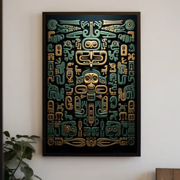 The poster features an intricate design reminiscent of Mesoamerican art, likely inspired by Travel Poster