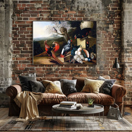 Vibrant Birds and Fruits Artistic Still Life Poster