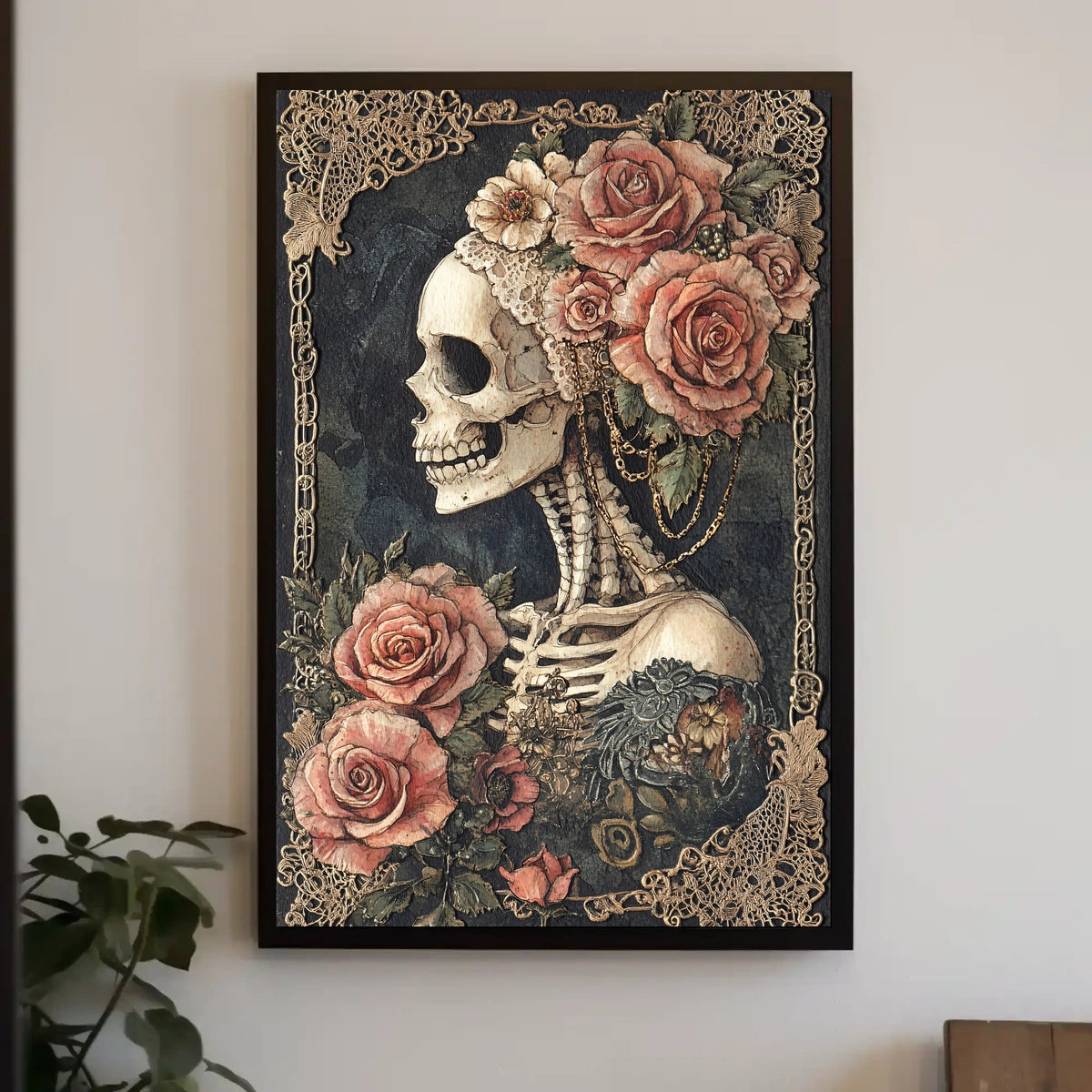 Skull and Roses Floral Elegance Artistic Poster