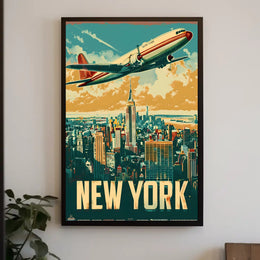 New York Skyline with Airplane Poster Vintage Wall Art