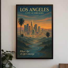 Los Angeles Skyline Sunset Art Poster: Dreamy Illustration