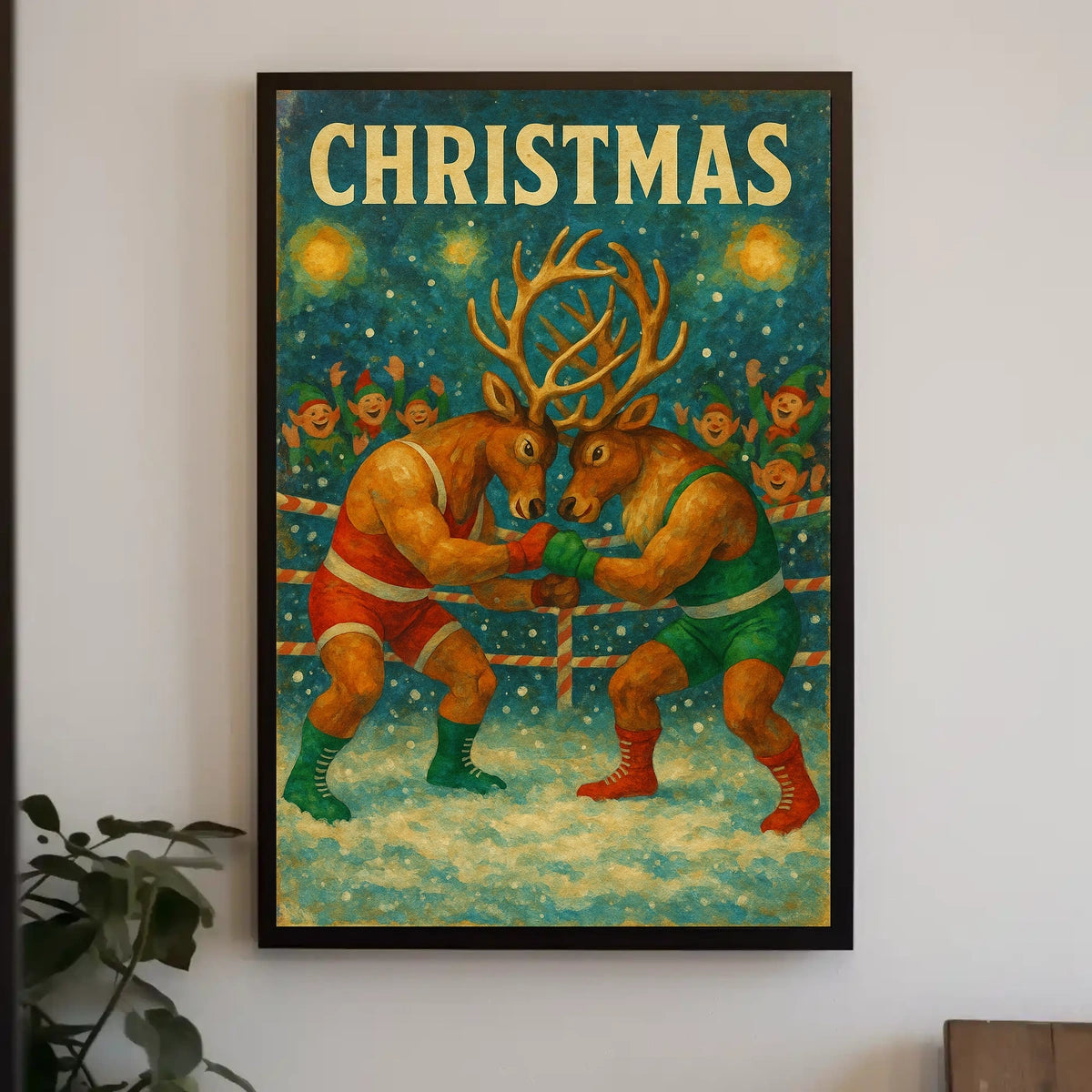 Festive Boxing Reindeer Christmas Whimsical Animal Poster
