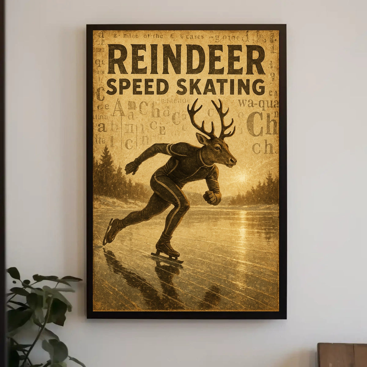 Reindeer Speed Skating Vintage Art Sports Poster