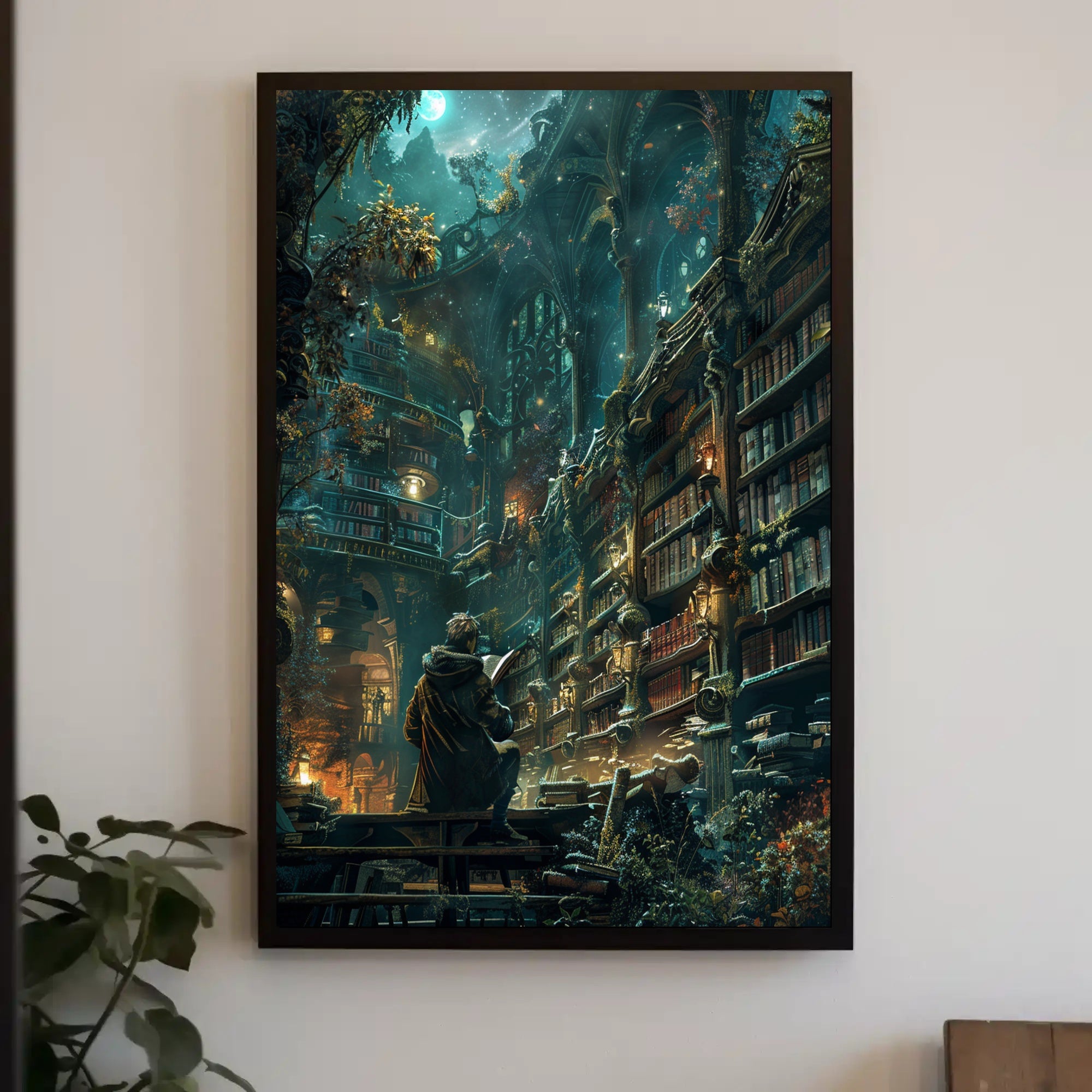 Enchanted Library Scene Under Celestial Night Fantasy Poster PosterGoat