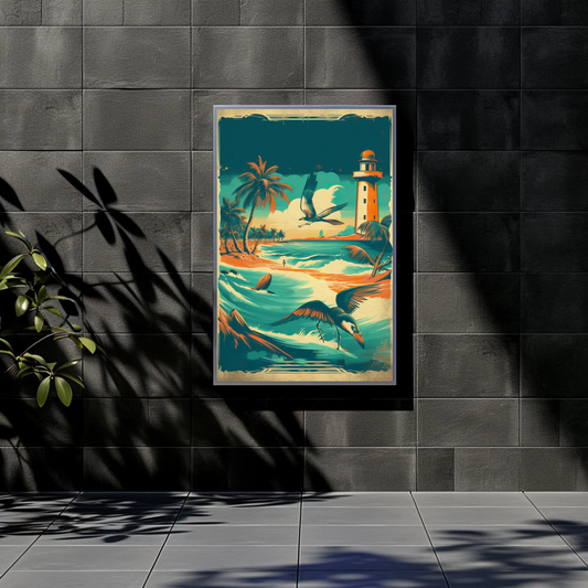 Tropical Coast Lighthouse Ocean Birds Vintage Travel Poster