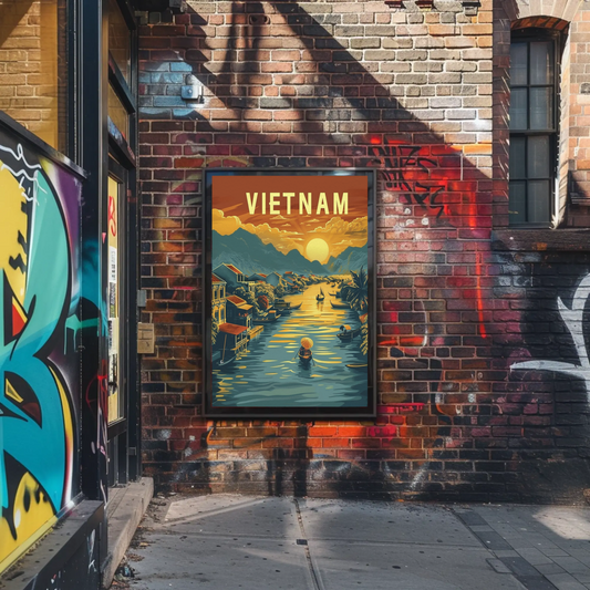 Vietnam River Sunset Floating Village Travel Poster