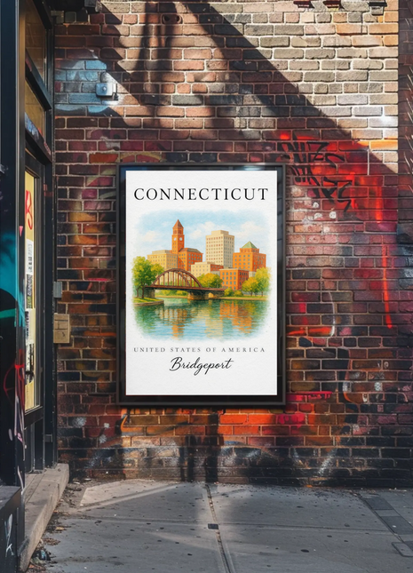 Bridgeport Connecticut Watercolor River Skyline Travel Poster