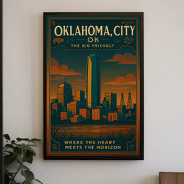 Oklahoma City Skyline Vintage Travel Poster Art