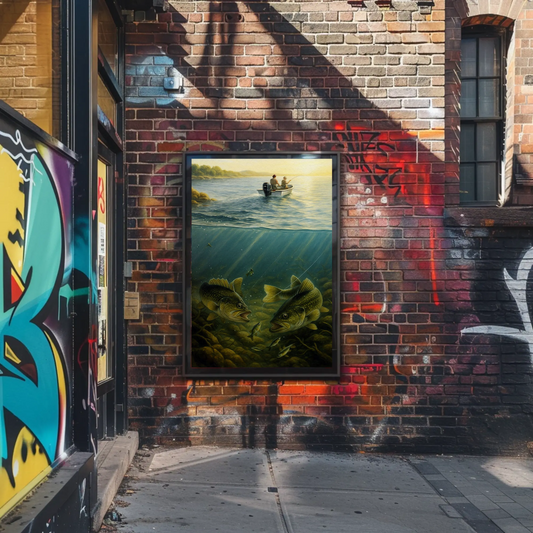 Bass Fishing Illustration Lake Nature Morning Travel Poster