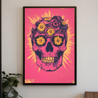 Pink Skull Surreal Flowers Gears Poster