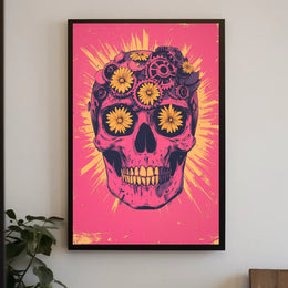 Pink Skull Surreal Flowers Gears Poster