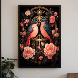 Enchanting Birds and Roses Vintage Art Poster
