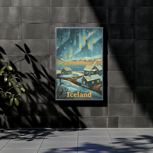Iceland Vintage Travel Poster - Winter Night Village