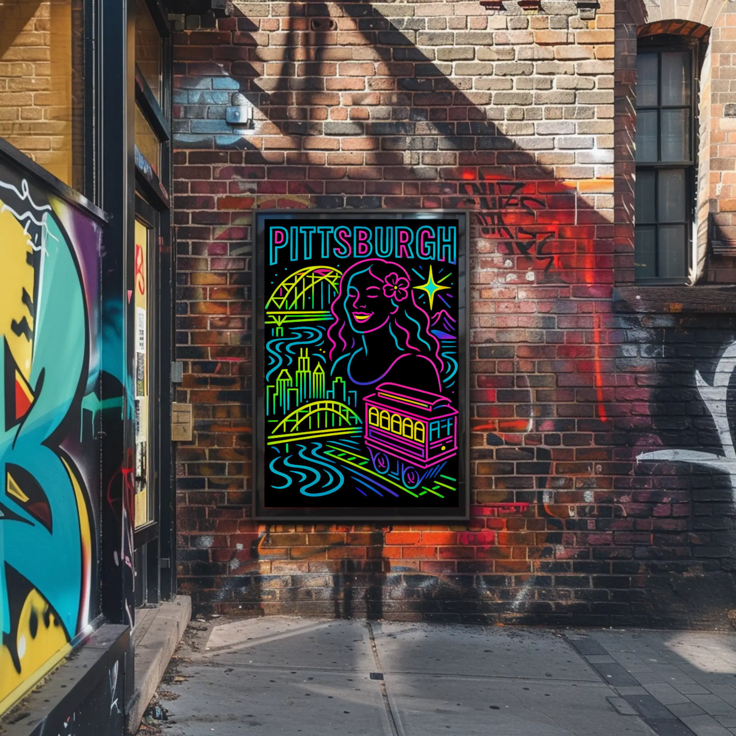 Pittsburgh Neon Bridge Trolley Skyline Travel Poster