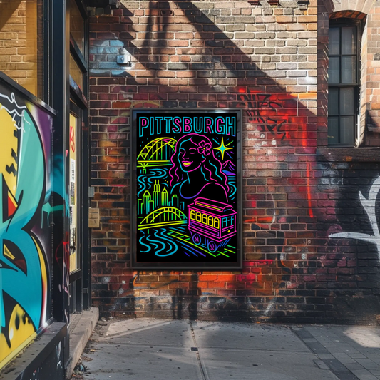 Pittsburgh Neon Bridge Trolley Skyline Travel Poster