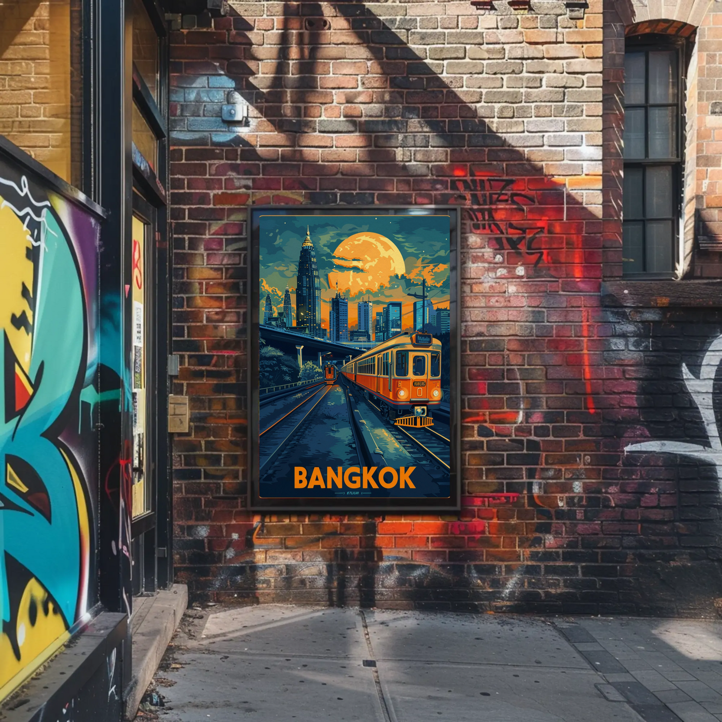 Bangkok Skyline Train Moonlight Glow Travel Poster