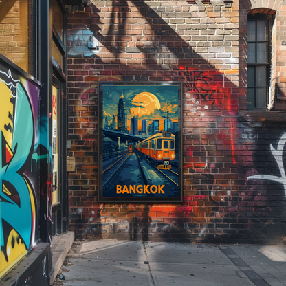 Bangkok Skyline Train Moonlight Glow Travel Poster
