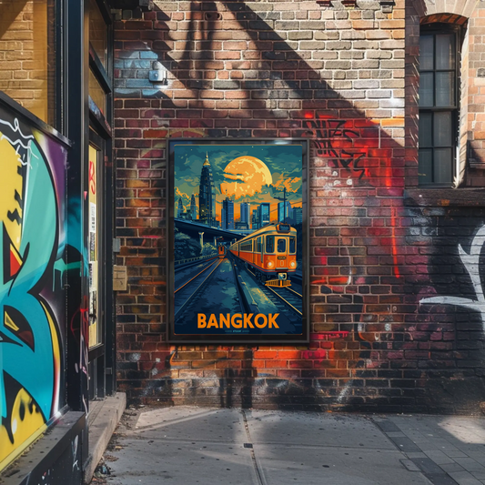 Bangkok Skyline Train Moonlight Glow Travel Poster
